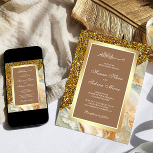 Invitation Faux Gold Parties scintillant marbre beige Mariage