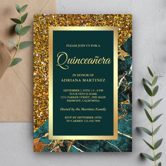Invitation Faux Gold Parties scintillant Turquoise Marbre ver (Créateur téléchargé)