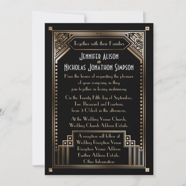 Invitation Faux Gold Shaded Art déco Mariage (Devant)