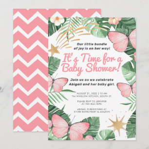 Invitation Faux Gold Star & Baby shower de fille papillon ros
