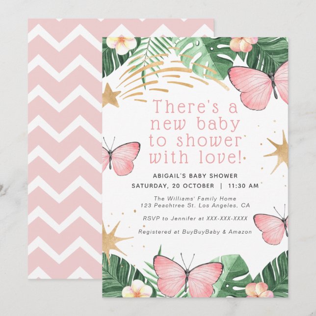 Invitation Faux Gold Star / Baby shower fille papillon rose (Devant / Derrière)
