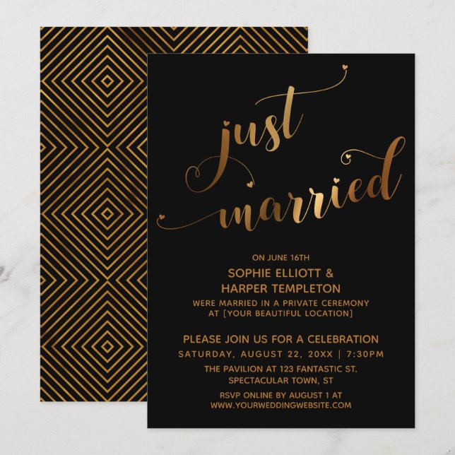 Invitation Faux Gold sur Noir Juste Marié Post-Mariage Événem (Devant / Derrière)