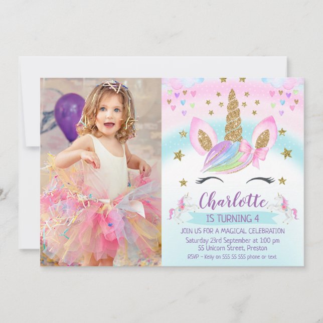 Invitation Faux Gold Unicorn Rainbow Photo Anniversaire (Devant)