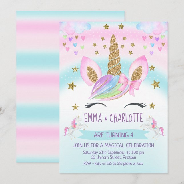 Invitation faux Gold Unicorn Rainbow Twins Joint Anniversaire (Devant / Derrière)