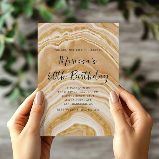 Invitation Faux Golden Agate 60e anniversaire (Faux Golden Agate 60th Birthday Invitation)