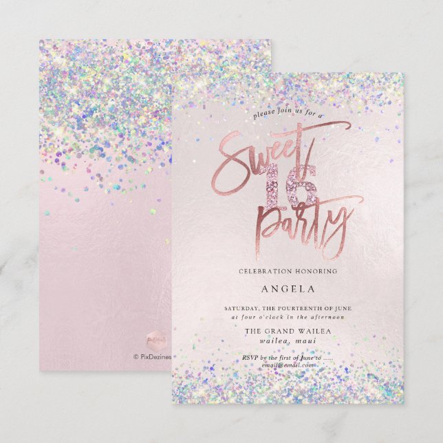 Invitation Faux Hologram Sweet 16 Bleu Diamant Étalé (Devant / Derrière)
