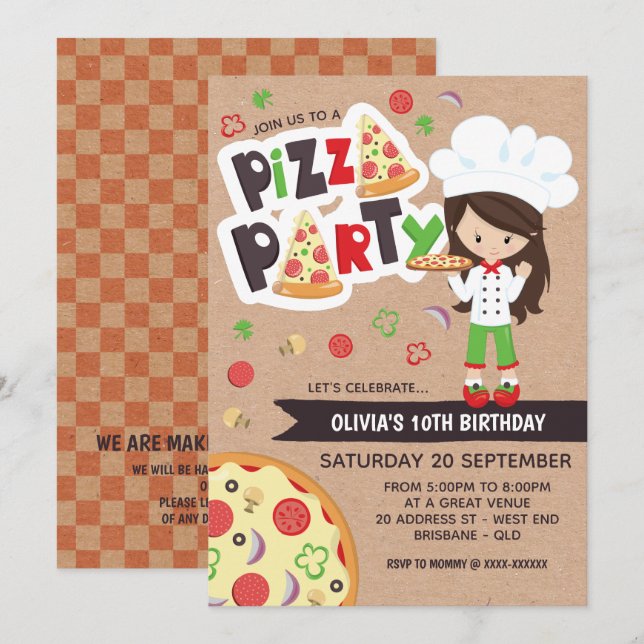 Invitation Faux Kraft Girl Pizza Party Anniversaire (Devant / Derrière)