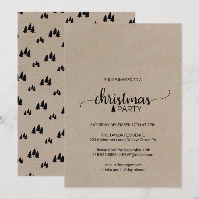 Invitation Faux Kraft Simple Calligraphie Noël (Devant / Derrière)