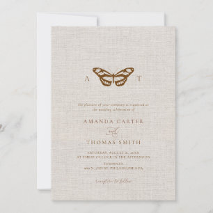 Invitation Faux Linen Papillon Monogram Mariage chic