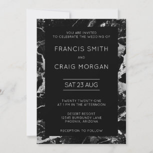 Invitation Faux marbre noir et argent moderne mariage