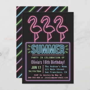 Invitation Faux Neon Flamant rose Seize Anniversaires