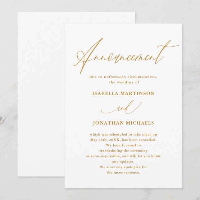 Invitation Faux or calligraphié mariage annulé (Devant / Derrière)