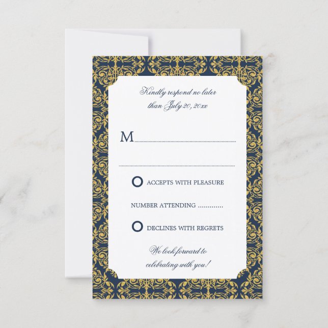 Invitation Faux or dor flourish damasque bleu marine RSVP (Dos)