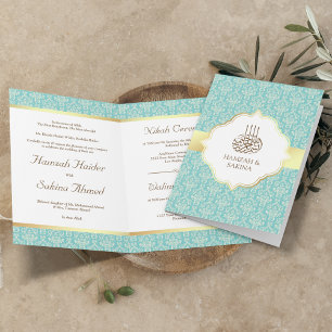 Invitation Faux Or Feuille Clair Turquoise Damassé Mariage Mu