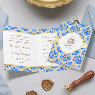 Invitation Faux Or Feuille Royal Bleu Damasque Mariage Musulm