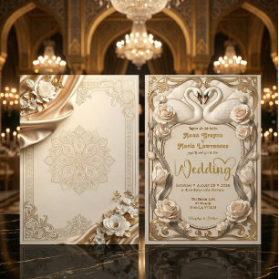 Invitation Faux Or Feuille & Satin Illusion Baroque Cygnes