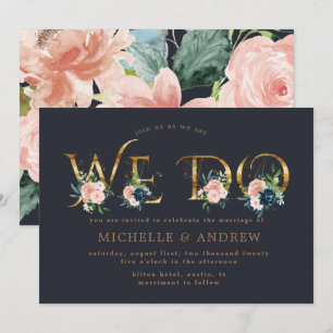 Invitation Faux Or Floral Bleu Minuit Nous Nous Marions