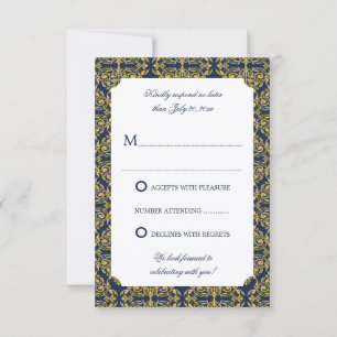 Invitation Faux Or Flourish Damask Bleu Nuit RSVP