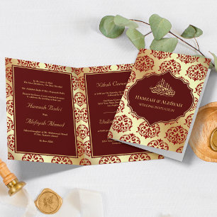 Invitation Faux Or Marron Rouge Damassé Mariage Musulman