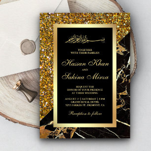 Invitation Faux Or Pailleté Marbre Noir Or Musulman Mariage