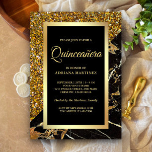 Invitation Faux Or Pailleté Marbre Noir Or Quinceanera