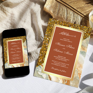 Invitation Faux Or Pailleté Marbre Terracotta Mariage Musulma