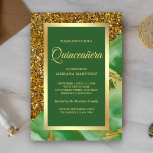 Invitation Faux Or Pailleté Vert Marbre Quinceanera