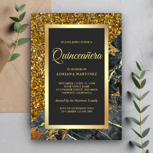 Invitation Faux Or Paillettes Marbre Gris Charbon Quinceanera
