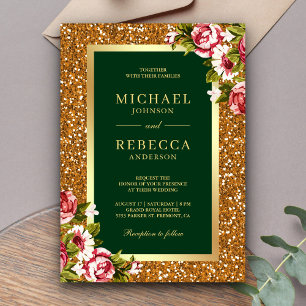 Invitation Faux Or Paillettes Rose Floral Vert Chasseur Maria