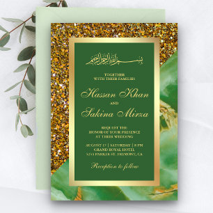 Invitation Faux Or Paillettes Vert Marbre Mariage Musulman