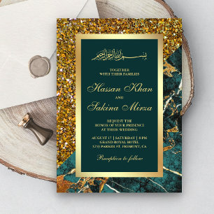 Invitation Faux Or Paillettes Vert Sarcelle Marbre Mariage Mu
