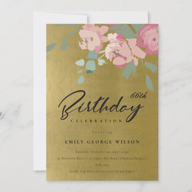 INVITATION FAUX OR ROSE BLEU PEONY FLORAL TOUT ÂGE ANNIVERSAI (Devant)