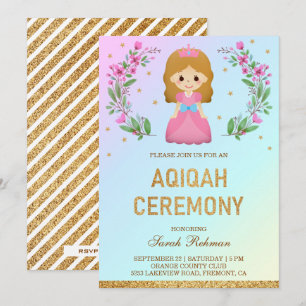 Invitation Faux Pailleté Doré Mignon Princesse Aqiqah