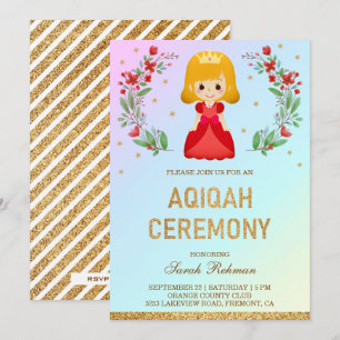 Invitation Faux pailleté or Mignonne Princesse Rouge Aqiqah