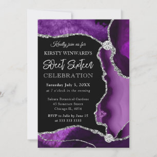 Invitation Faux Pailleté Violet et Argent Agate Sweet 16