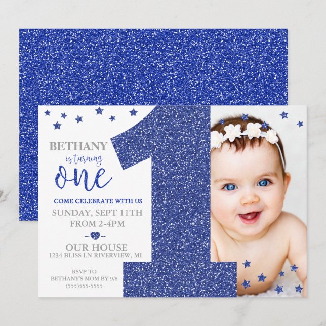 Invitation Faux Paillettes Anniversaire Premier Ét (Devant / Derrière)