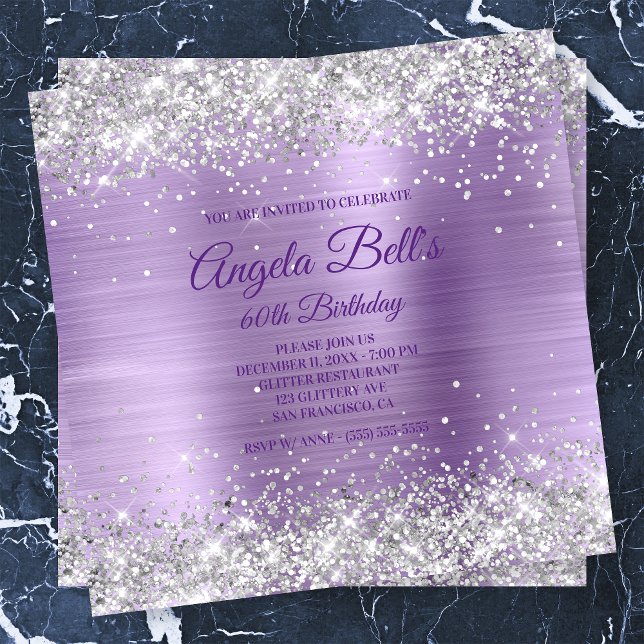 Invitation Faux Paillettes Argent Brillant Violet Feuille Mét (Créateur téléchargé)