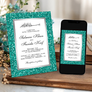 Invitation Faux papier d'argent sarcelle paillettes Mariage i