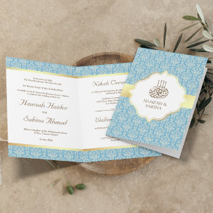 Invitation Faux papier d'or bleu clair damassé Mariage Musulm
