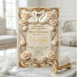 Invitation Faux papier d'or et effet satiné Cygne baroque