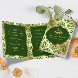 Invitation Faux papier doré vert foncé damasqué Mariage Musul