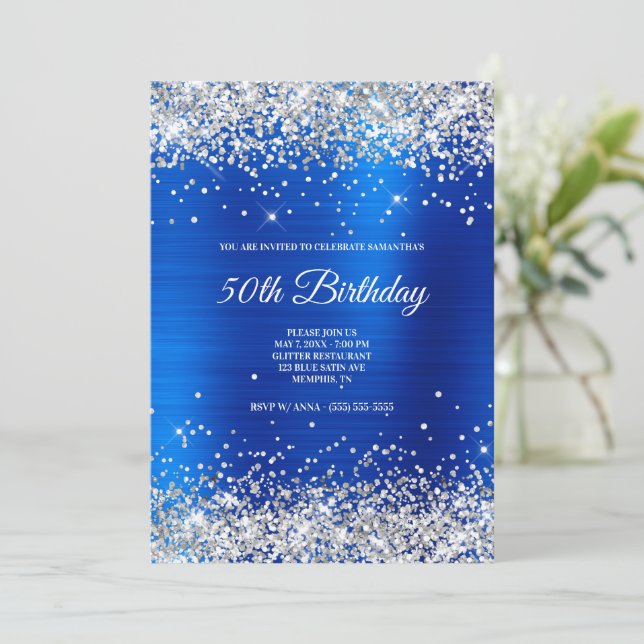Invitation Faux Parties scintillant Argent Bleu brillant Sati (Debout devant)