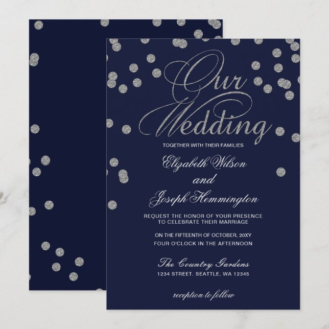 Invitation FAUX Parties scintillant confetti marine et mariag (Devant / Derrière)