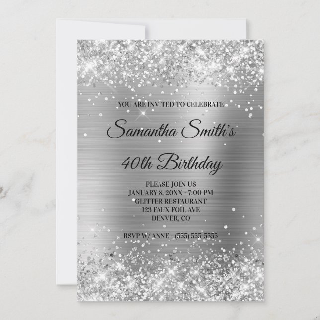 Invitation Faux Parties scintillant d'argent et Foil brillant (Devant)