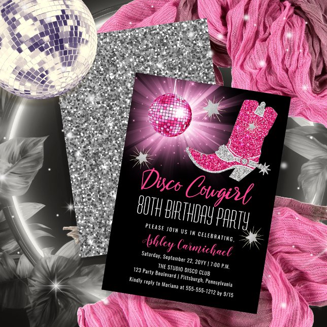 Invitation Faux Parties scintillant Disco Rose Cowgirl 80 Ann (Disco Cowgirl 80th Birthday Party Invitations -- Print and/or Download)
