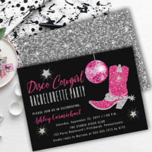Invitation Faux Parties scintillant Disco Rose Cowgirl Bachel