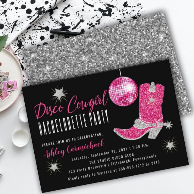 Invitation Faux Parties scintillant Disco Rose Cowgirl Bachel (Créateur téléchargé)