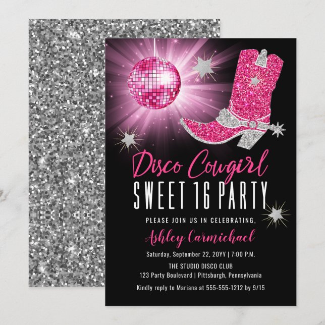 Invitation Faux Parties scintillant Disco Rose Cowgirl Sweet  (Devant / Derrière)