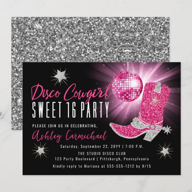 Invitation Faux Parties scintillant Disco Rose Cowgirl Sweet  (Devant / Derrière)