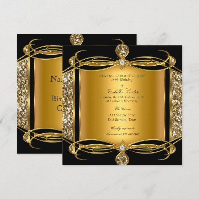 Invitation Faux Parties scintillant Gold Diamond Noir Anniver (Devant / Derrière)